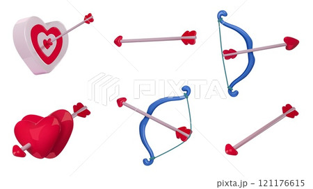 Cupid bow and arrow. 3D heart shaped target, love arrows and romantic bows, glossy hearts couple. Valentines Day archery realistic isolated vector set 121176615