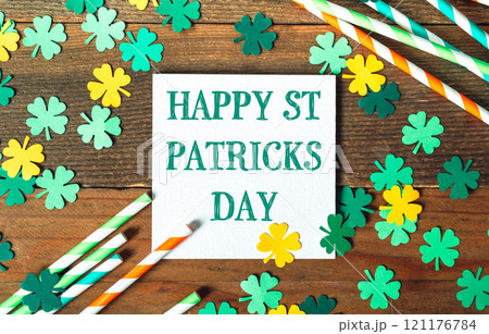 Happy St. Patrick's Day sign is on a table Happy St. Patrick's Day sign is on a table 121176784