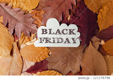 Pile of autumn leaves with the word Black Friday written on it 121176796