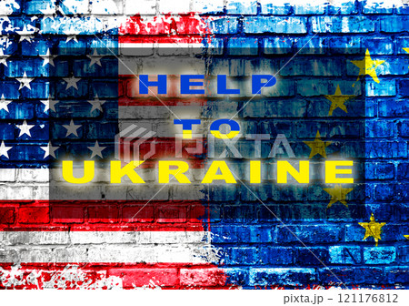 Flag with the words Help to Ukraine written on it Flag with the words Help to Ukraine written on it 121176812