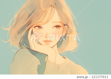 頬杖をつく女性、水彩風イラスト 121177011