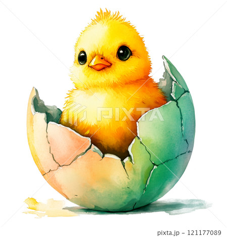 A charming watercolor illustration of a fluffy yellow chick sitting inside a colorful cracked Easter egg. Perfect for Easter-themed designs, spring decorations, or festive cards. 121177089