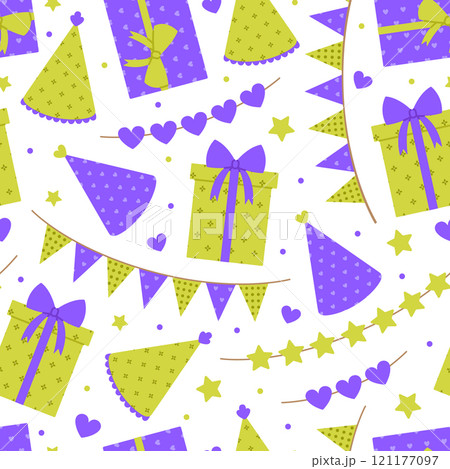 Seamless pattern with gift boxes, party hats and garlands in purple and green colors on white background. Birthday, anniversary celebration. Vector flat illustration for wallpaper, textile, packaging 121177097