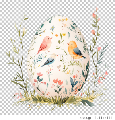 A delicate watercolor illustration of an Easter egg adorned with colorful birds and blooming flowers. This festive artwork features soft pastel tones and a transparent background. 121177111