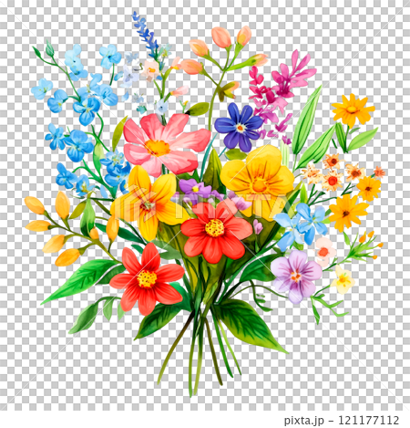 A colorful illustration of wildflowers featuring vibrant blue, pink, yellow, and orange petals with lush green leaves. Transparent background perfect for spring designs and creative projects. 121177112