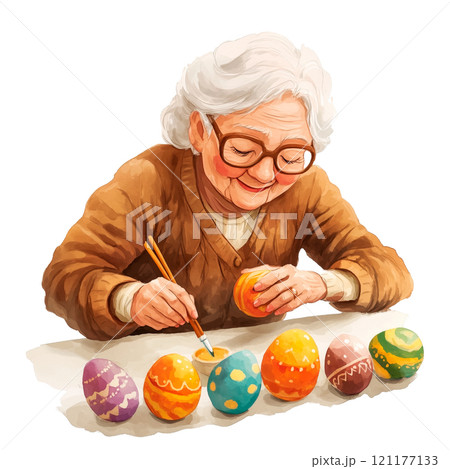 A cozy watercolor illustration of a grandmother painting colorful Easter eggs. This festive artwork features bright, vibrant colors and a transparent background, ideal for holiday and spring themes. 121177133