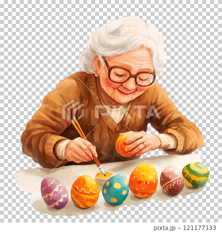 A cozy watercolor illustration of a grandmother painting colorful Easter eggs. This festive artwork features bright, vibrant colors and a transparent background, ideal for holiday and spring themes. 121177133