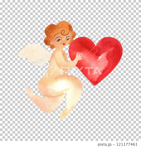 Cupid or Amor, the Greek god of love, holds a scarlet heart. Invitation to a date. Golden-haired baby with wings. Character. Isolated watercolor illustration for Valentine. Clipart. Cupid or Amor, the Greek god of love, holds a scarlet heart. Invitation to a date. Golden-haired baby with wings. Character. Isolated watercolor illustration for Valentine. Clipart. 121177461