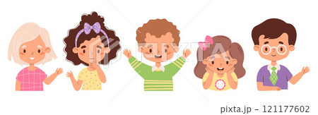 Kids happy collection. Cute diverse white girls and boys. Isolated children avatar portraits. Vector illustration Kids happy collection. Cute diverse white girls and boys. Isolated children avatar portraits. Vector illustration 121177602