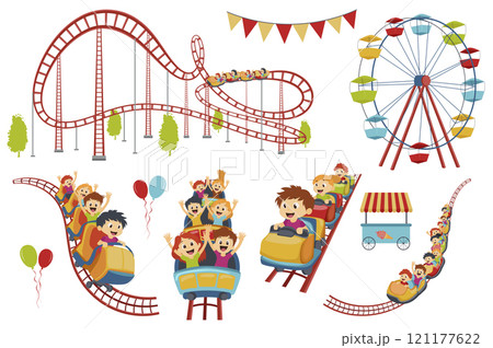 Roller coaster set elements in flat graphic design. Collection of amusement park and funfair carousels, happy children ride at train attraction, ferris wheel at fairground, other. Vector illustration. 121177622