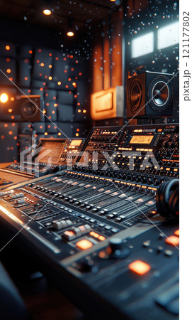 Vertical view of mixing console and professional music equipment in recording studio. Concept of sound, audio, desk, mixer Vertical view of mixing console and professional music equipment in recording studio. Concept of sound, audio, desk, mixer 121177802