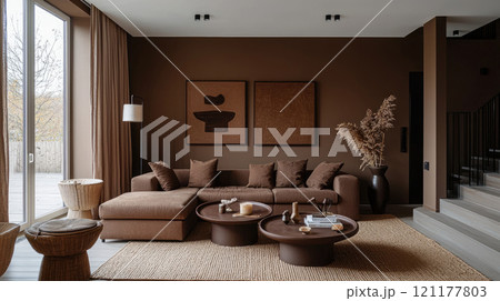 Modern living room interior in dark brown colors, hallway with minimalist design, concept of home, sofa, contemporary house Modern living room interior in dark brown colors, hallway with minimalist design, concept of home, sofa, contemporary house 121177803
