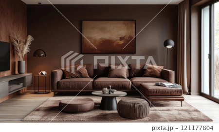 Luxury living room interior in dark brown colors, modern hall with abstract wall painting and minimalist design, concept of cozy home, sofa, art Luxury living room interior in dark brown colors, modern hall with abstract wall painting and minimalist design, concept of cozy home, sofa, art 121177804