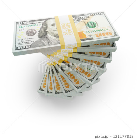 One Hundred Thousand Dollars Spiralling Stacks of One Hundred Dollar Bills Isolated on a White Background. 121177818
