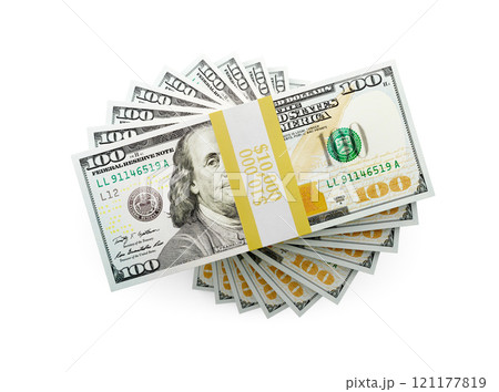 Overhead of One Hundred Thousand Dollars Spiralling Stacks of One Hundred Dollar Bills Isolated on a White Background. 121177819