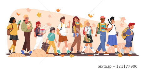 Schoolchildren characters of different age going to study at school classes over autumn background 121177900