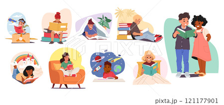 Cute smart children cartoon characters reading books feeling interested and excited scene set 121177901