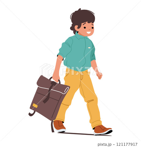 Primary age schoolboy student cartoon character carrying schoolbag going to study isolated on white 121177917