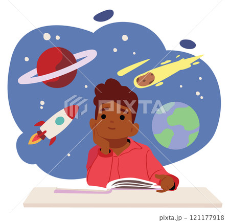 Dreamlike boy cartoon character imagining outer space while reading book about cosmos scene Dreamlike boy cartoon character imagining outer space while reading book about cosmos scene 121177918