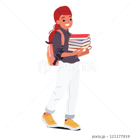 Smiling cheerful elementary age schoolgirl cartoon character carrying book stack going to study 121177919