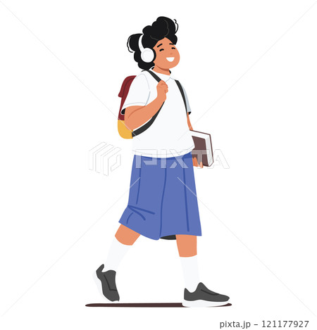 Happy smiling girl student cartoon character listening to music in headphones going to school 121177927
