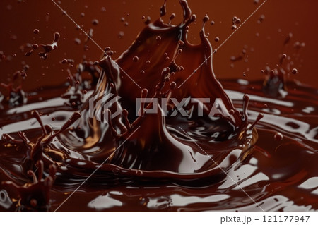 Splashes of chocolate. Chocolate bar is poured into melted chocolate pile 121177947
