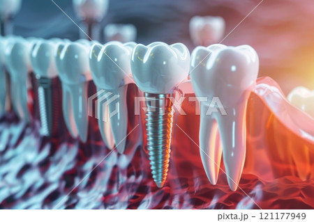 The concept of dental implants. A 3D rendering showing a dental implant placed between teeth 121177949
