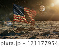 US flag waving on the moon, no atmosphere, vehicle in landscape 121177954
