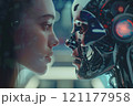 A woman is observing the robots facial features like jaw and eyelashes 121177958