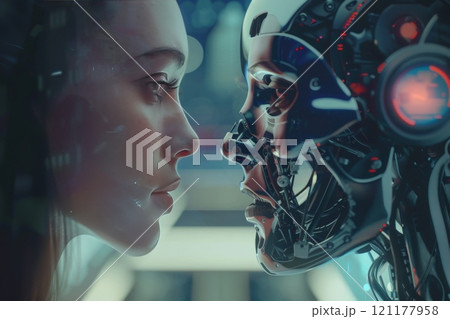A woman is observing the robots facial features like jaw and eyelashes 121177958
