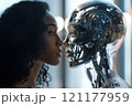 A woman is observing the robots facial features like jaw and eyelashes 121177959