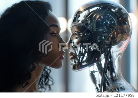 A woman is observing the robots facial features like jaw and eyelashes 121177959