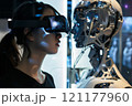 A woman is observing the robots facial features like jaw and eyelashes 121177960