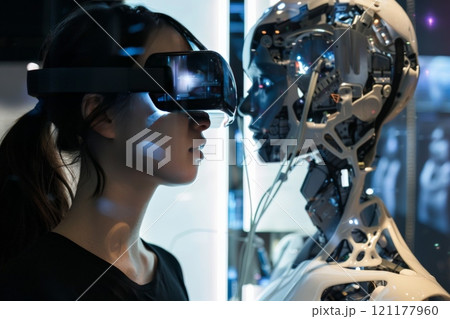 A woman is observing the robots facial features like jaw and eyelashes 121177960