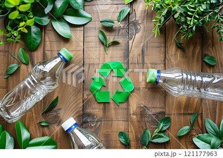 Three plastic bottles with a green recycling symbol on a wooden surface 121177963