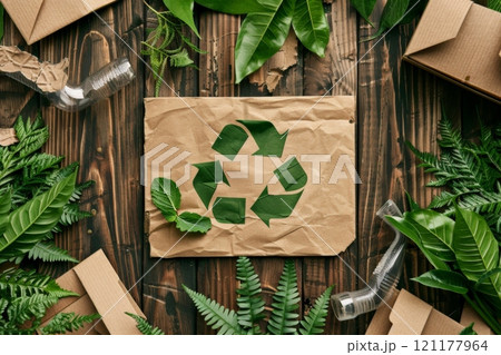 A plantthemed recycling symbol surrounded by lush green leaves 121177964