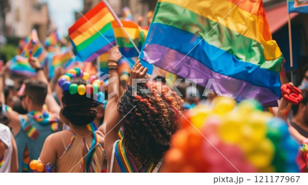 Crowd celebrating with rainbow flags at a public event 121177967