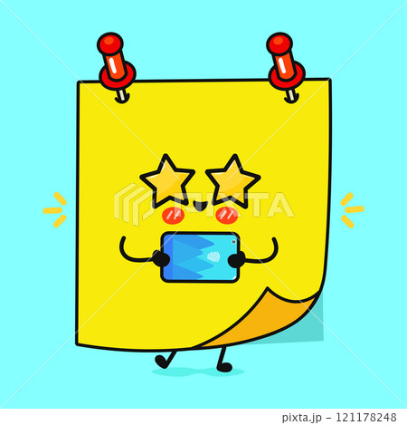 Sticker with smartphone character. Vector hand drawn cartoon kawaii character illustration icon. Isolated on blue background. Posted notes character concept Sticker with smartphone character. Vector hand drawn cartoon kawaii character illustration icon. Isolated on blue background. Posted notes character concept 121178248