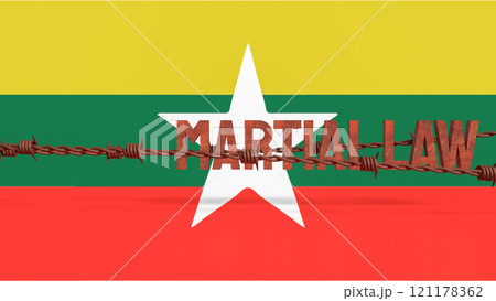 The  Martial law and barbed wire on Myanmar flag for Background concept 3d rendering. 121178362