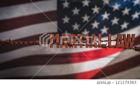The  Martial law and barbed wire on USA flag for Background concept 3d rendering. 121178363