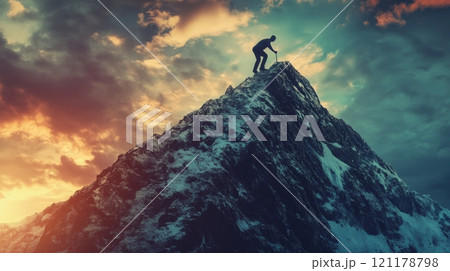 A man is climbing a mountain with a sunset in the background 121178798