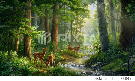 A painting of a forest with deer drinking from a stream A painting of a forest with deer drinking from a stream 121178845