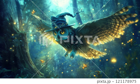 A blue owl with a hat flying through a forest 121178975
