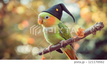 A parrot wearing a black hat is perched on a branch A parrot wearing a black hat is perched on a branch 121178982