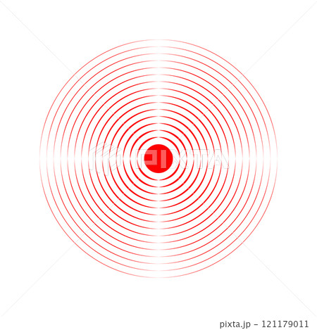 Pain localization icon. Red concentric circles. Ache, sore or inflammation symbol. Pulse or headache sign. Shockwave, radar, sonar wave or sound signal pictogram. Vector flat illustration 121179011