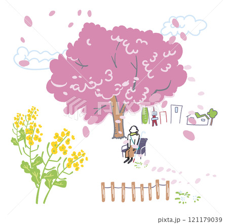 満開の桜の下でベンチで休憩する白杖を持った視覚障碍者　ストックイラスト素材 121179039