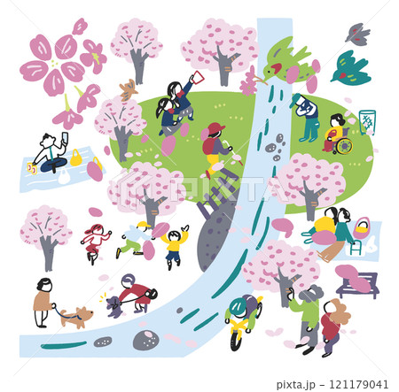 公園で満開の桜を楽しむ人々の俯瞰図　ストックイラスト素材 121179041