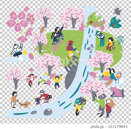 公園で満開の桜を楽しむ人々の俯瞰図　ストックイラスト素材 121179041