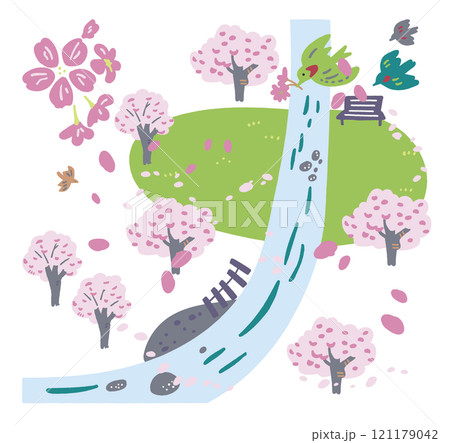 満開の桜の公園の俯瞰図 ストックイラスト素材 満開の桜の公園の俯瞰図 ストックイラスト素材 121179042