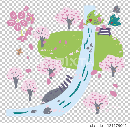 盛開的櫻花公園俯視圖庫存插畫素材 121179042